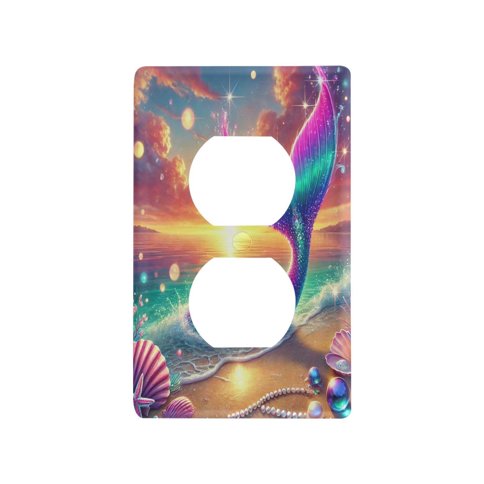Beach Sunset Mermaid Light Switch Cover Decorative Receptacle Outlet Wall Plate Guard Plastic Outlet Covers for Home Decor Room Bedroom Bathroom (Duplex Outlets Cover)