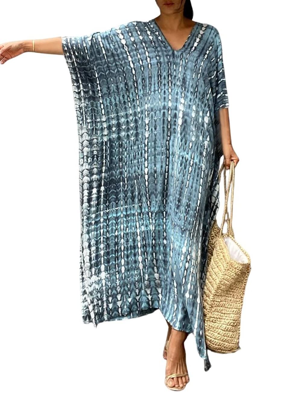 BsubseachWomen Print Beach Kaftan Dress Short Sleeve Plus Size Bathing Suit Cover Ups