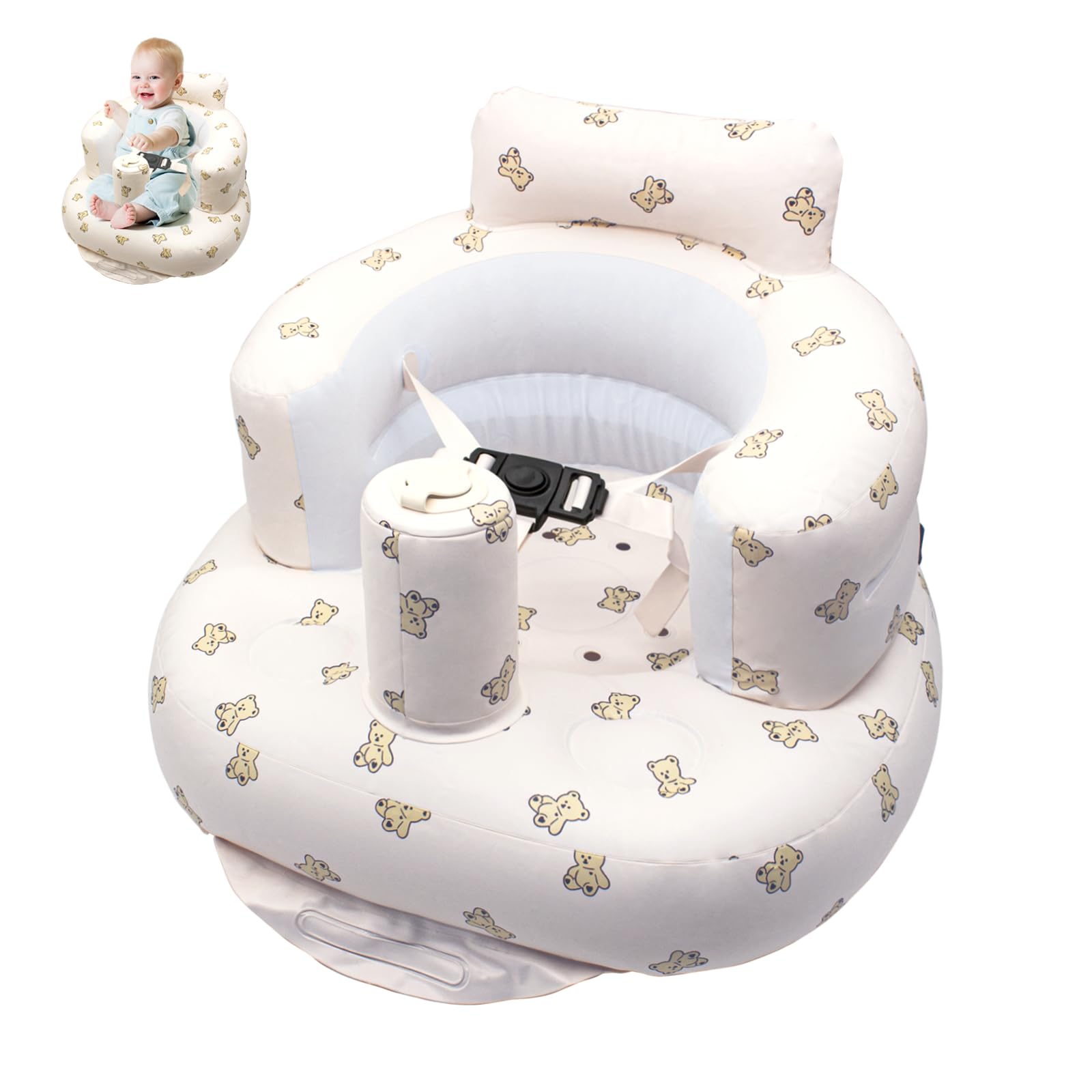 IOPJLK Aufblasbarer Baby-Sitz für Babys ab 3-36 Monaten, Baby-Rückenstützsofa, Babies Sitzhilfe mit Gurtzeug Babies Bodensitzem, Tragbarer Aufgeblasene Esszimmerstuhl (Bärenkopf)