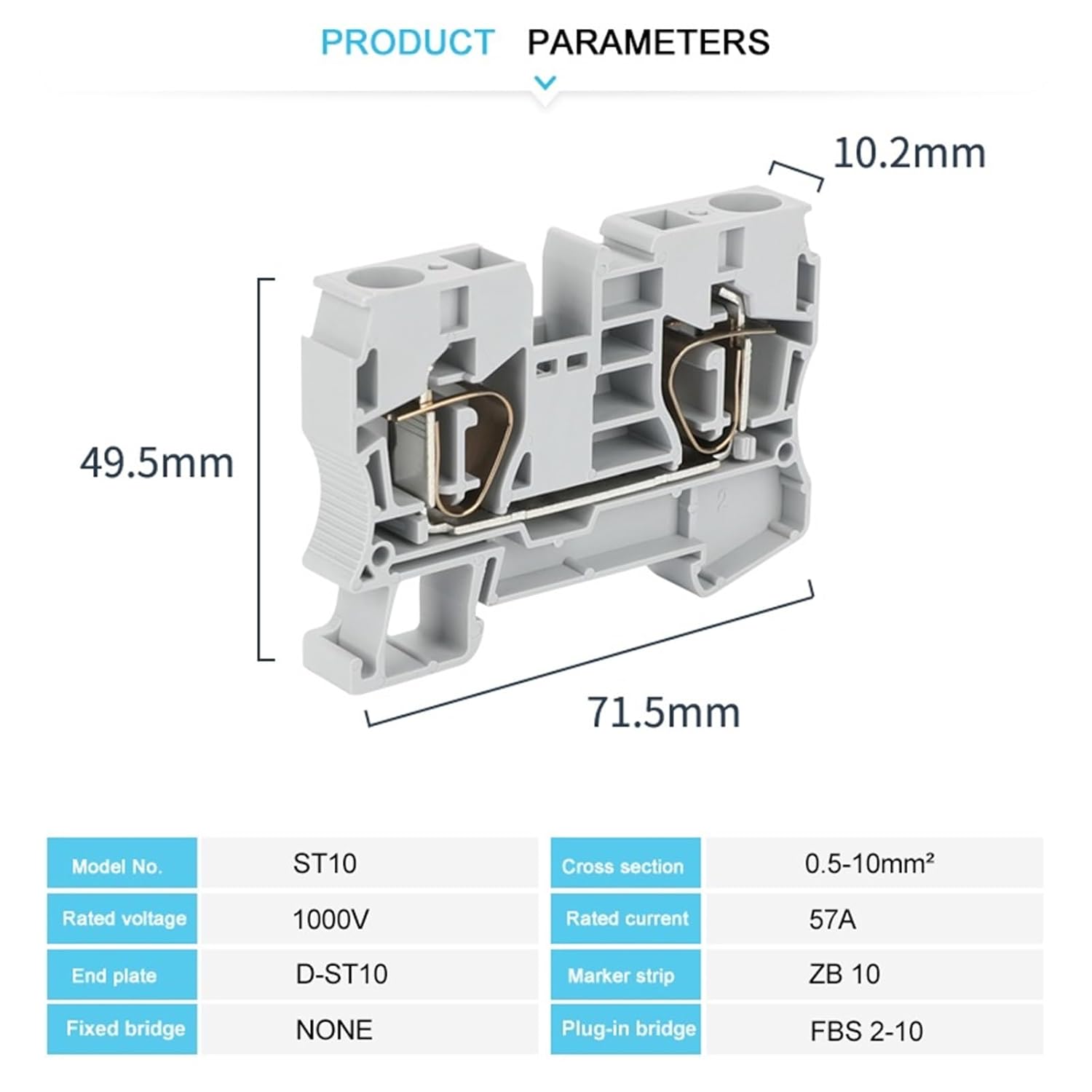 ST10 Din Rail Wire Connector Spring Cage Terminal Block 10mm² 24-8 1Pcs(Blue,1 Pc)