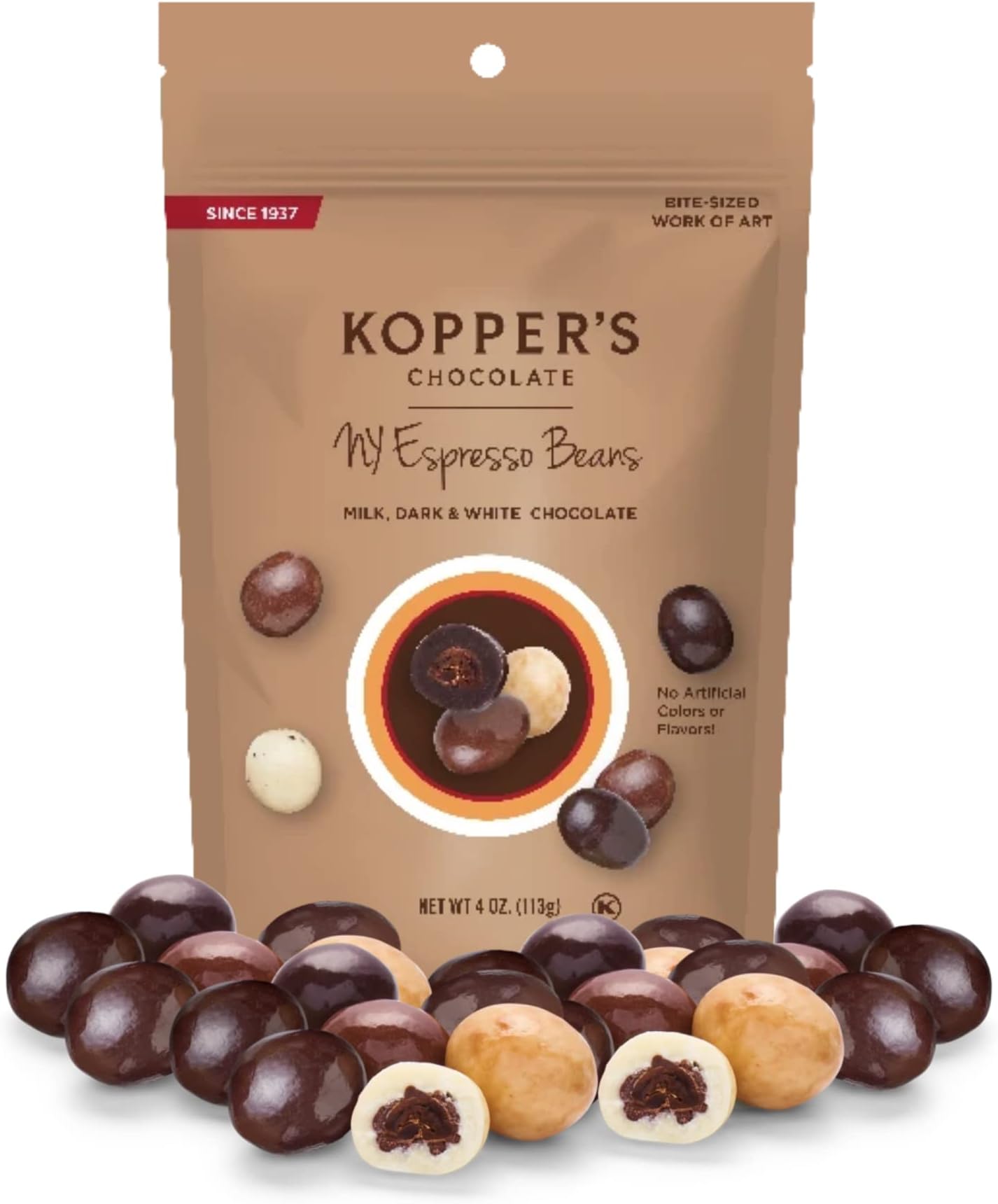 Koppers Chocolate Covered Espresso Beans NY Blend, Assorted Coffee Flavors, Cream, Cappuccino, Milk and Dark Chocolate, 4 Ounce
