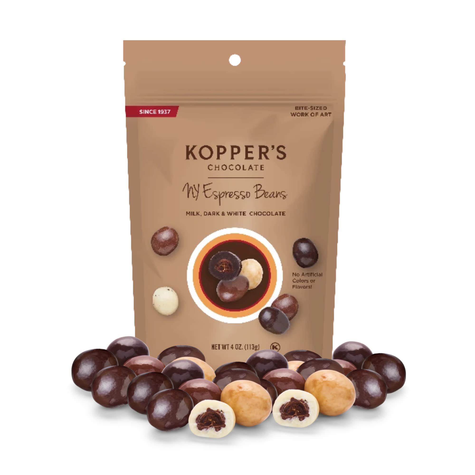 Koppers Chocolate Covered Espresso Beans NY Blend, Assorted Coffee Flavors, Cream, Cappuccino, Milk and Dark Chocolate, 4 Ounce