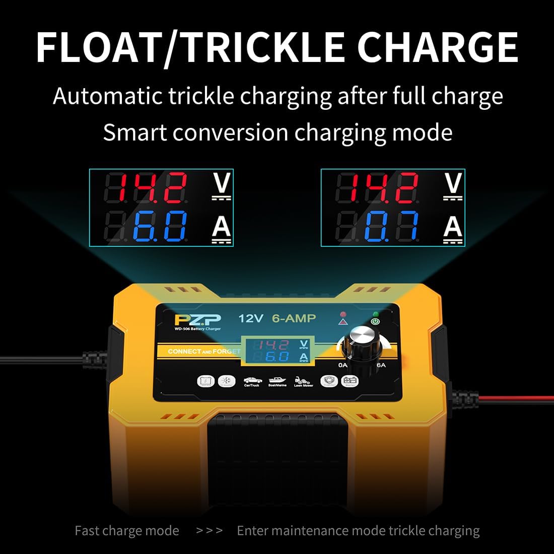PZ.P 12V Automatic Car Battery Charger Maintainer, 0 to 6A Smart Arbitrarily Adjustable Battery Trickle Charger, Battery Desulfator with Repair, Winter Mode, Suitable for AGM GEL Deep Cycle Lawn Mower