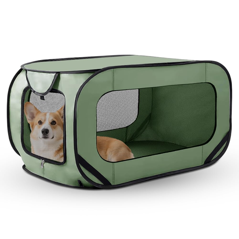 Boîte de transport pliable pour chien et chat jusqu'à 29,5 kg (94 x 53 x 53 cm), robuste, pliable, avec double portes et ceinture de sécurité, refuge portable pour les voyages (vert)