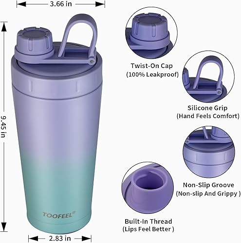 Miniatura 4 de TOOFEEL Botella agitadora de acero inoxidable  20 onzas de doble pared aislada para batidos de proteínas, mantiene el fríocaliente, botella