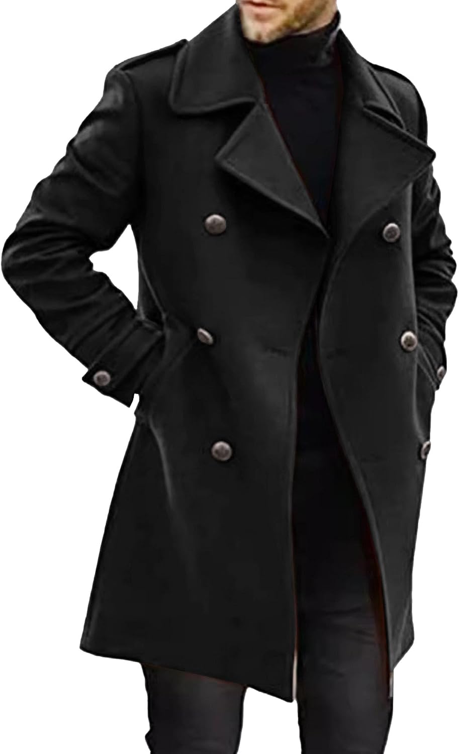 Men's Notch Lapel Trench Overcoat Long Jacket Single Breasted Overcoats Winter Warm Slim Fit Wool Pea Coat