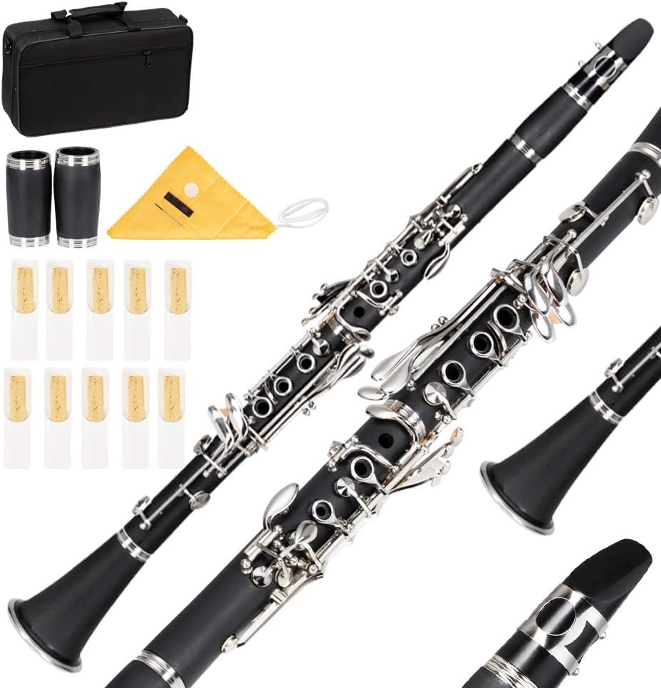 Ktaxon Bb Flat Clarinet, Nickel-Plated 17 Keys B Tone Clarinets, Black