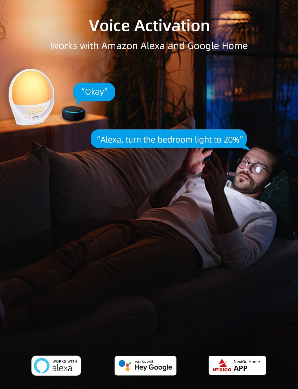 NexiGo Smart Sunrise Alarm Clock next to a smartphone displaying the alarm settings interface with four alarms listed.