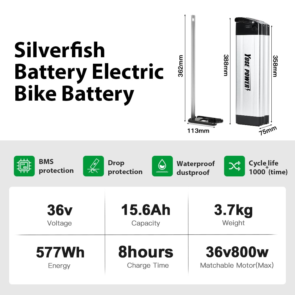YOSE POWER Batterie de Remplacement Vélo Electrique XH370-10J 36V Silver Fish Lithium-ION Battery pour MiFa, Rex, Prophete, Aldi