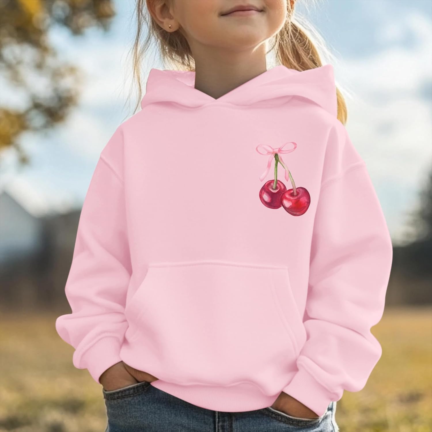 BINTEHGS Cute Cherry Hoodies for Girls Coquette Bow Graphic Hoodie with Pocket Aesthetic Hooded Sweatshirt Kids Preppy Tops - Image 4