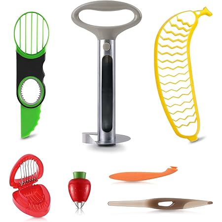 Fruit Slicer Set Includes Pineapple Corer and Slicer Tool,3 in 1 Avocado Slicer,Orange Peeler,Banana Slicer, Strawberry Slicer, Strawberry Huller, Kiwi Peeler, Dishwasher Safe.