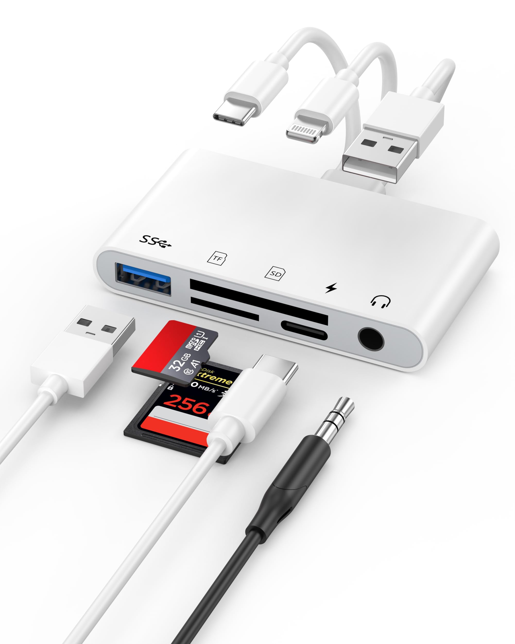 5-in-1 Memory Card Reader, USB OTG Adapter & SD Card Reader for iPhone 17 16 15 14 13 12, Type C/Lightning/USB A Devices with Micro SD/SD Card/OTG/3.5mm Headphone/Type C Charging Slots, Plug and Play-image-37