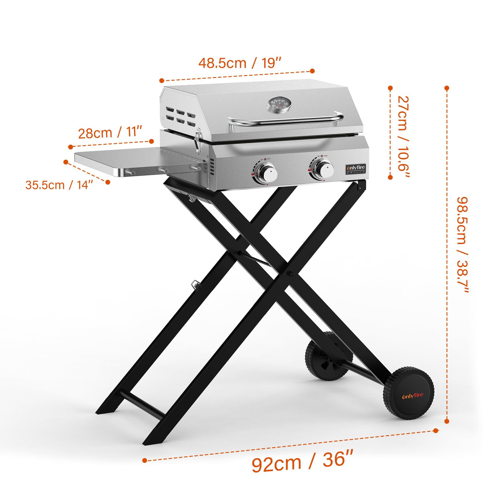 onlyfire Plancha à Gaz en Inox sur Chariot, 2 Brûleurs 4,7 kW | avec Couvercle et Thermomètre, Plaque 46 × 36 cm en Céramique Antiadhésive, Tablettes Latérales