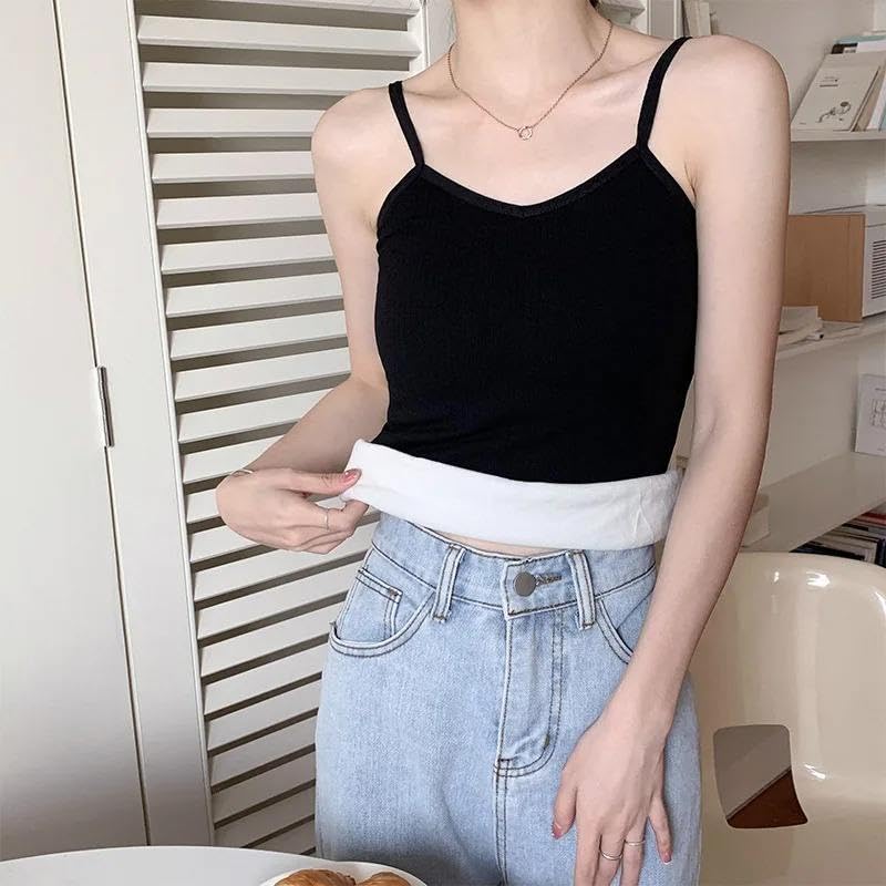 Image of Women's Thermal Fleece-Lined Ribbed Camisole Tank Top -School Girls Adjustable Spaghetti Strap Undershirt, Winter Warm Base Layer Cami, Soft Stretch Sleeveless Top