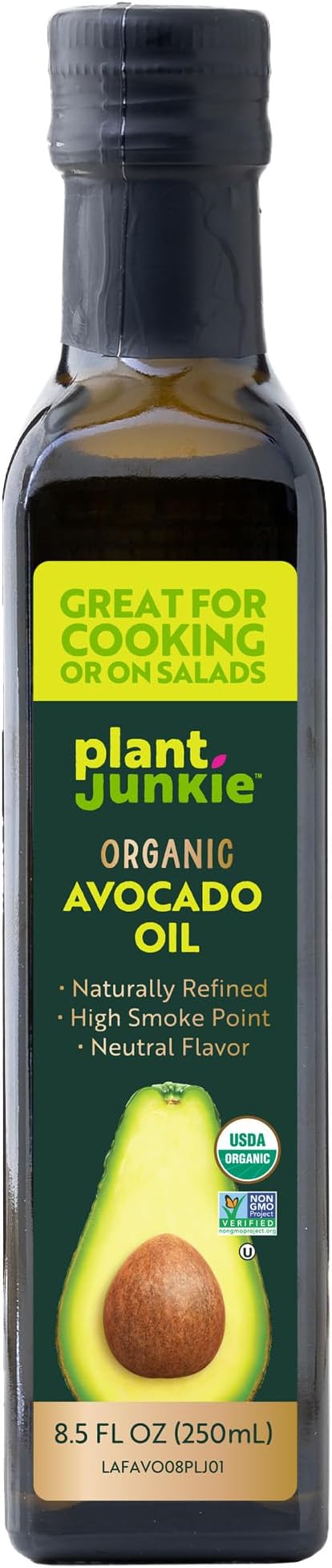 Plant Junkie Organic Refined Avocado Oil, Non-GMO, Glass Bottle, Cooking Oil, Kosher, Keto and Paleo Diet Friendly, Frying, Baking, Avocado Oil, 8.5 Fl Oz (250 mL)