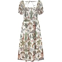 YUMI Women's Cotton Safari Print Ruched Midi Dress Going Out