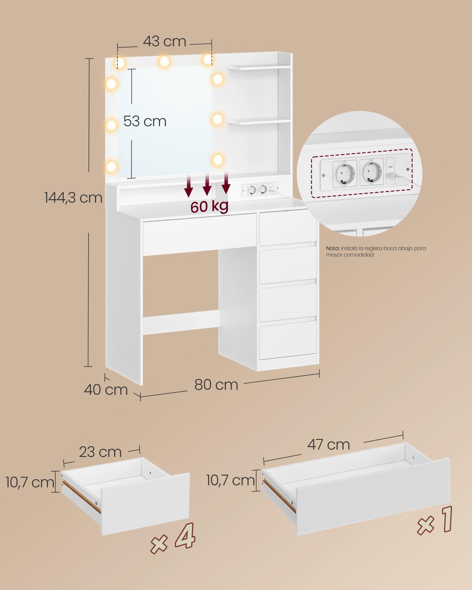 VASAGLE Tocador de Maquillaje con Luz, Mesa de Maquillaje con Espejo y Cajones, Escritorio con Enchufe y Puertos USB, 80 x 40 x 144,3 cm, Blanco Nube, Colección Kailyn RDT241WB01