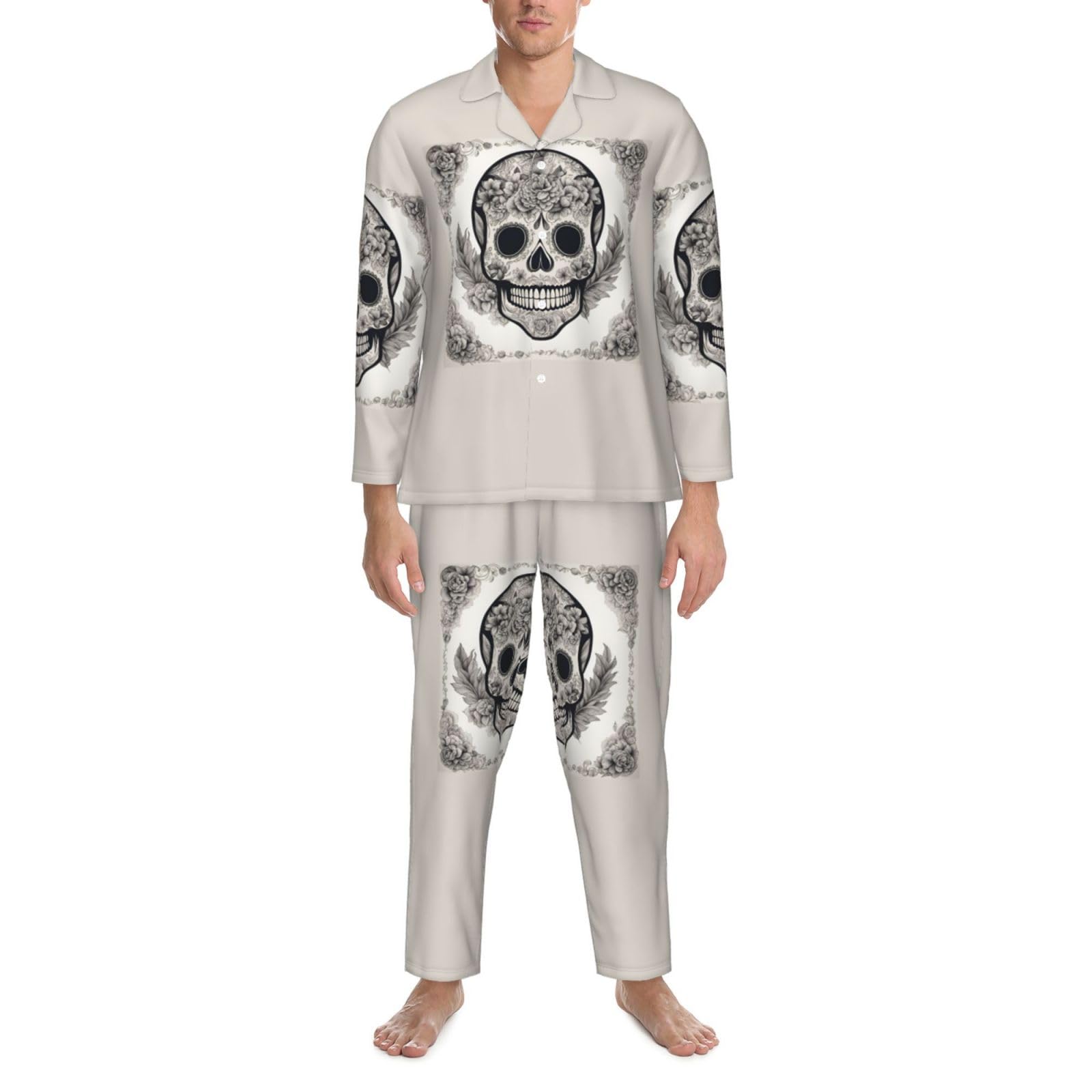 Herren-Pyjama-Set, mexikanischer Totenkopf-Druck, langärmelig, zweiteilig, Hauskleidung, bequeme Nachtwäsche