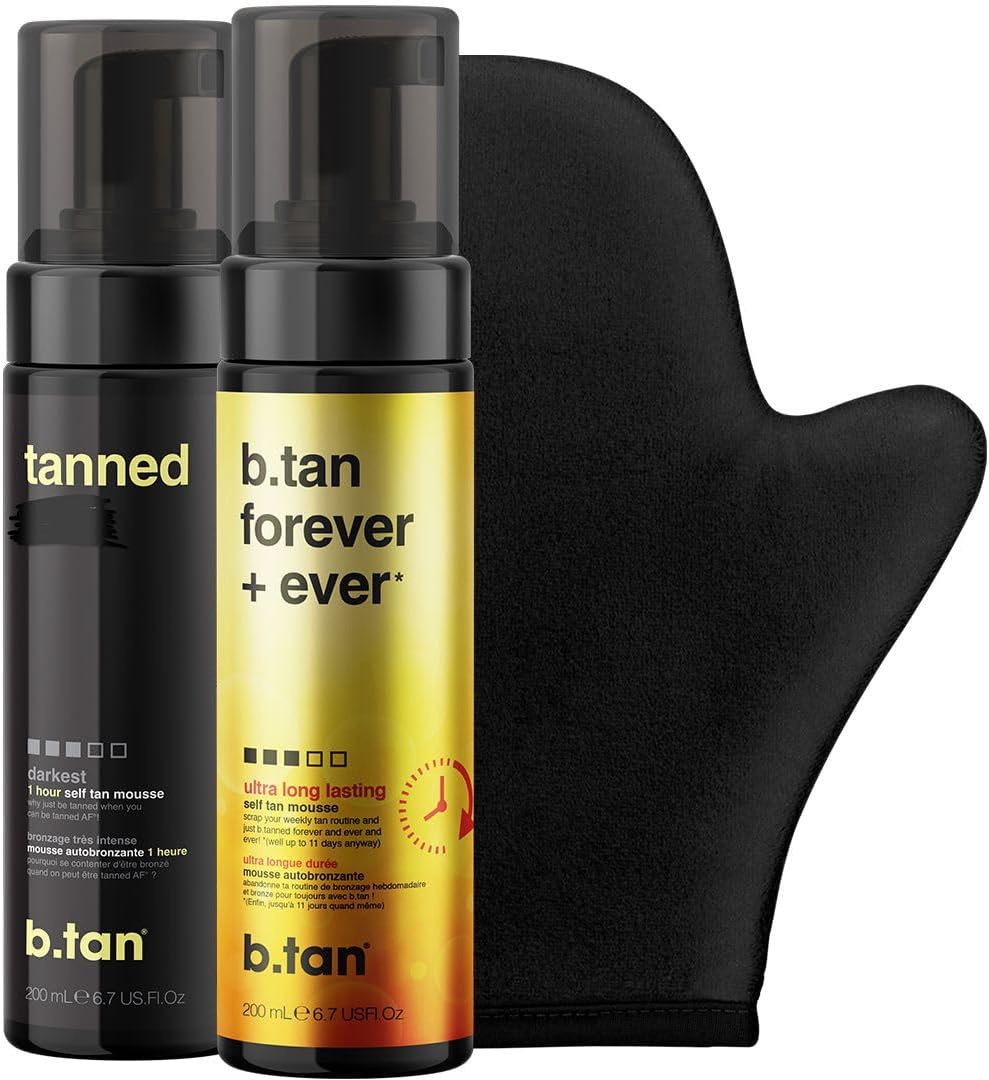 B.tan Dark & Long Lasting Self Tan Kit | Besties Bundle - Dark Mousse With Mitt Applicator, 1 Hour Sunless Tanner, Fast Tanning, No Fake Smell, Vegan & Cruelty Free