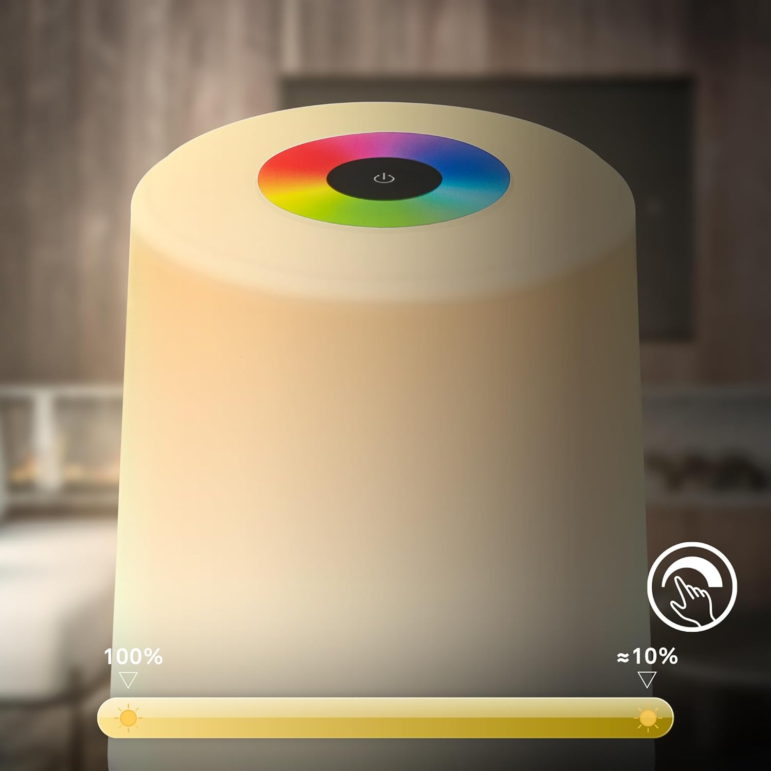 BRILONER LED RGBW Wireless Table Lamp showing brightness adjustment from 10% to 100% via touch control.