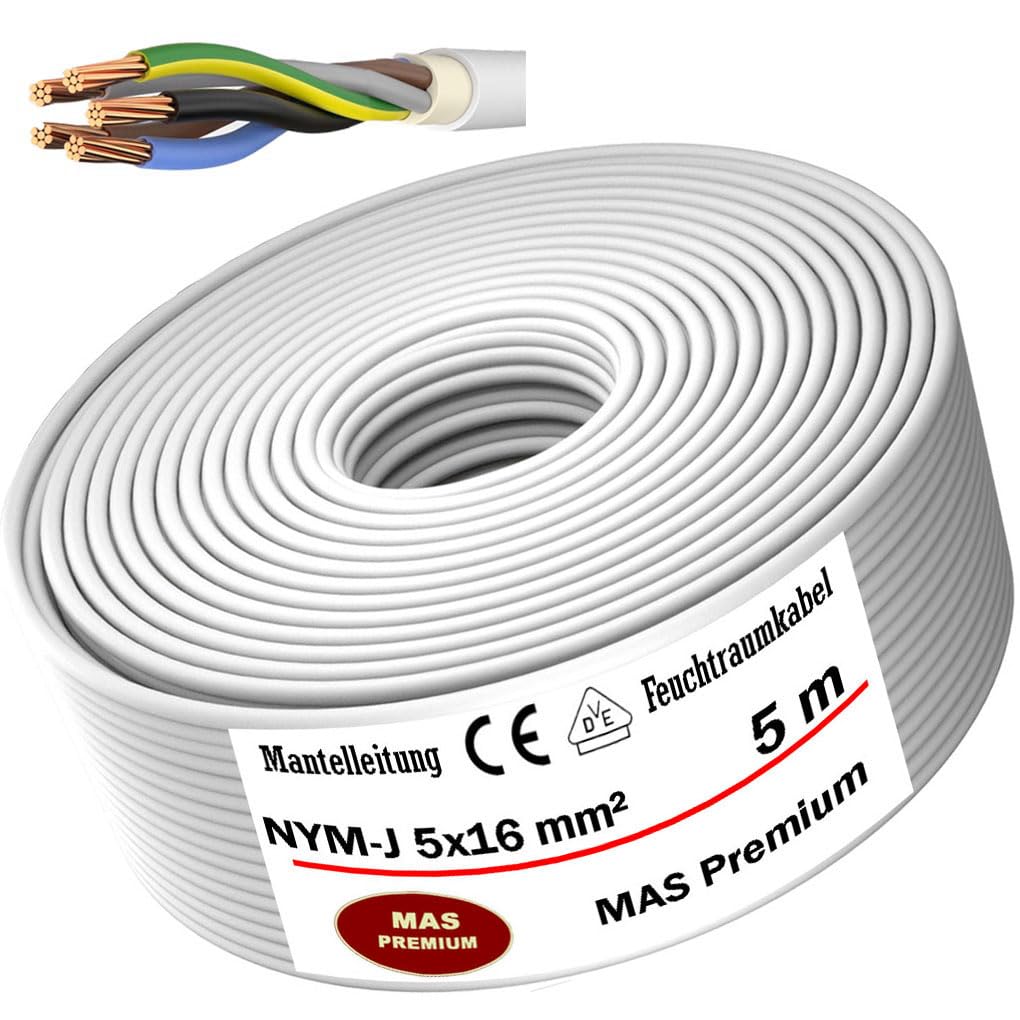 MAS Premium Kabel zasilający do wilgotnych pomieszczeń, kabel zasilający 5-170 m, przewód płaszczowy NYM-J 5 x 1,5, 2,5, 4, 6, 10 lub 16 kabel elektryczny pierścień do stałego układania (NYM-J 5 x 16