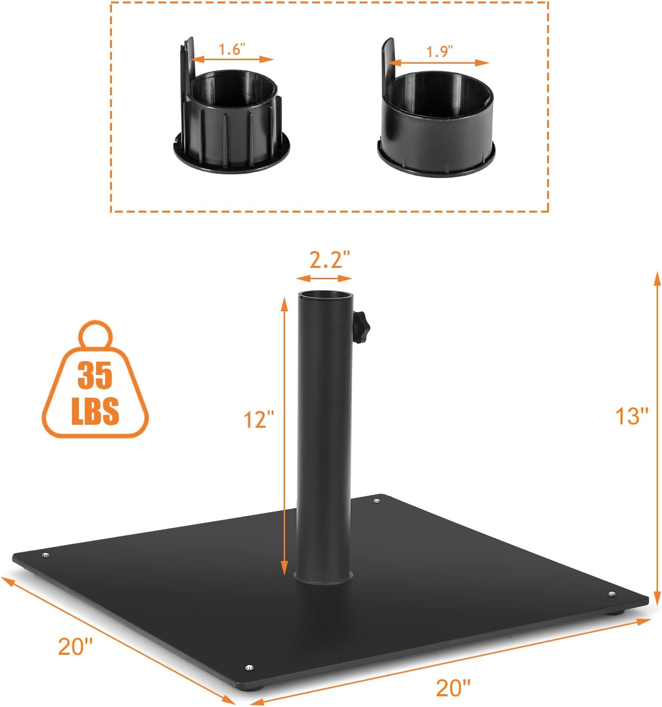 Giantex 35 lbs Patio Umbrella Base, 20 inch Heavy Duty Square Outdoor Umbrella Stand for 1.6''-1.9'' Poles, 4 Adjustable Pads Anchor Holes, Umbrella Holder for Deck Yard Poolside Garden