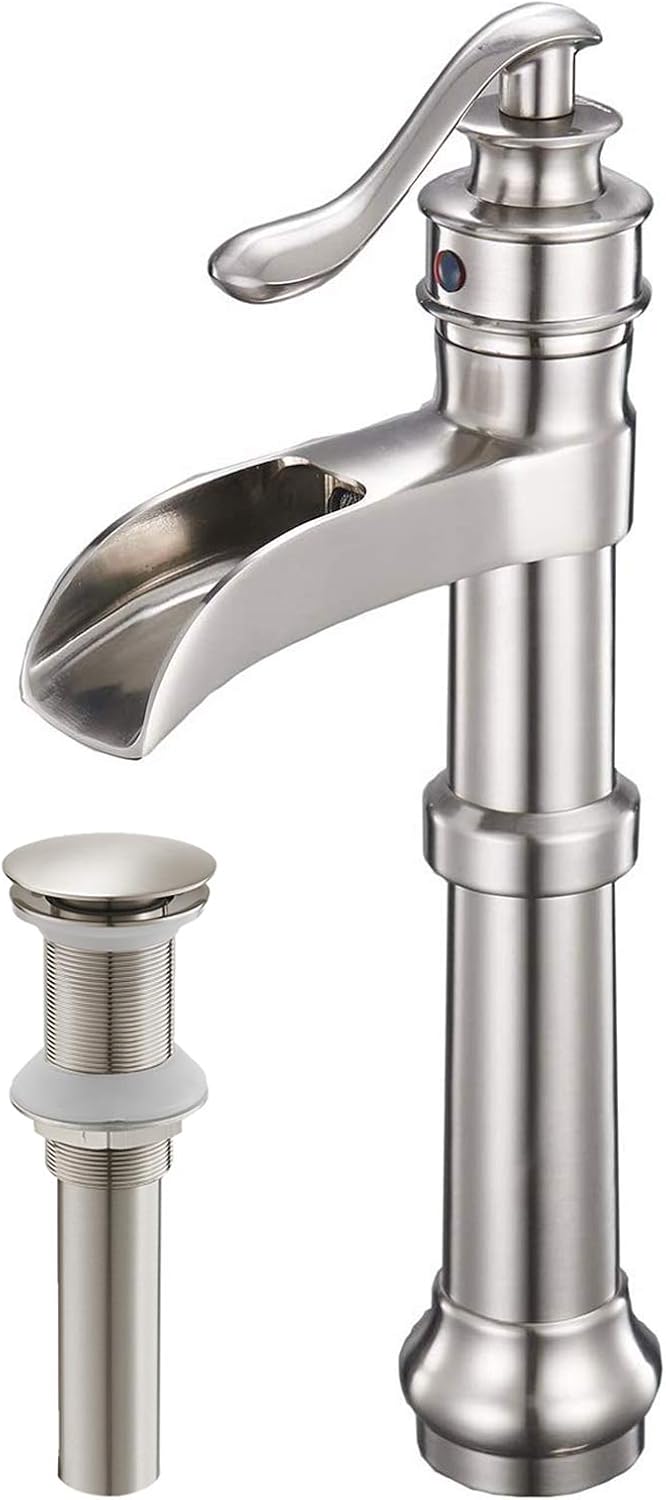 Matching Pop Up Drain None Over for Sink Bowl Brushed Nickel Bathroom Vessel Sink Faucet