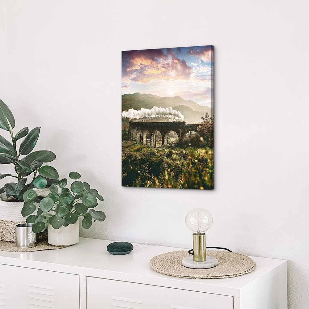 Mountain Landscape Wall Art: Framed Steam Train Picture, Sunrise Grassland Painting, Hills Railway Artwork for Bedroom or Living Room Decor, Size 45x30