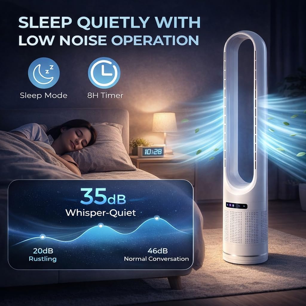41" Bladeless Tower Fan with Air Filter, 80° Oscillating Fan with Remote Control, 8 Speeds, 8H Timer, Quiet Cooling Fan with LED Display, Standing Fan for Bedroom, Home, Office