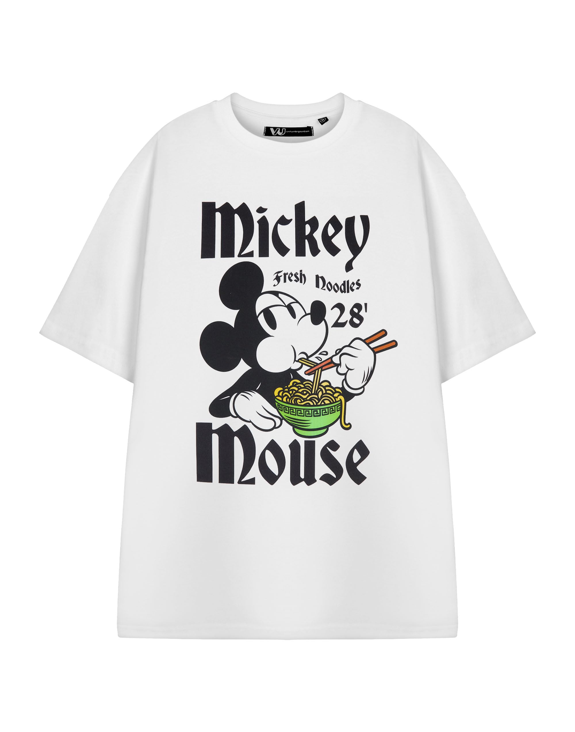 Disney Women's White Mickey Mouse Graphic Tee | Classic Mickey Mouse Fresh Noodles 28 Cartoon T-Shirt | Plain Short Sleeve Top For Casual Wear Mickey Mouse Crew Neck Pull-On Shirt