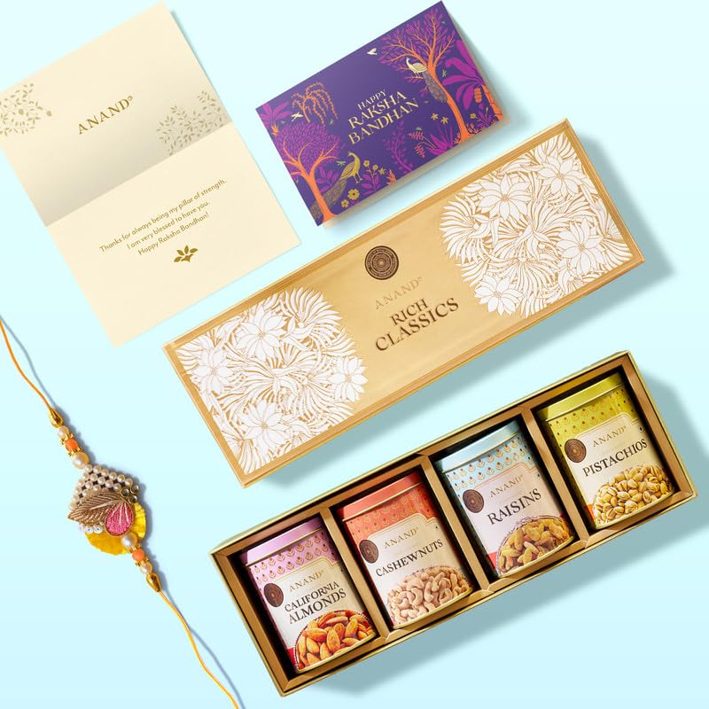 Image of Anand Sweets Rich Classics Dry Fruits 4 Jar Pack - 600g with Rakhi & Greeting Card Combo | Traditional Indian Festival Gift Hamper | Healthy Mithai Box for Raksha Bandhan | Gift for Brother
