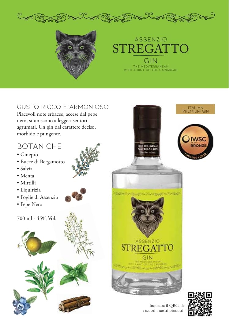GIN STREGATTO ASSENZIO- 700 ml - Gin Italiano Artigianale - Distillato di Qualità Premium