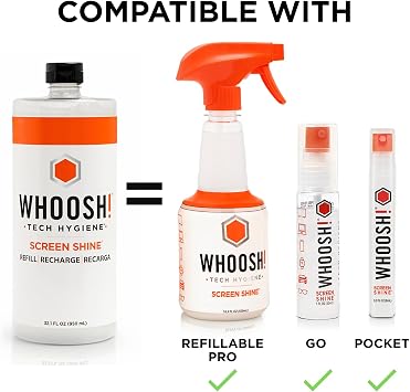 WHOOSH! Electronics Screen Cleaner Liquid Refill, 32.1 fl oz | Refill for Pro, Go & Pocket, Eco Friendly Choice to Reduce Waste, Safe for Electronics TVs, Computers & Monitors