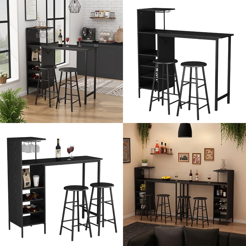 Vicco Juego de Mesa de Bar Naila, Negro, 121.5 x 40 cm con 2 taburetes, Apto como Comedor con Superficies de Almacenamiento para Guardar Objetos