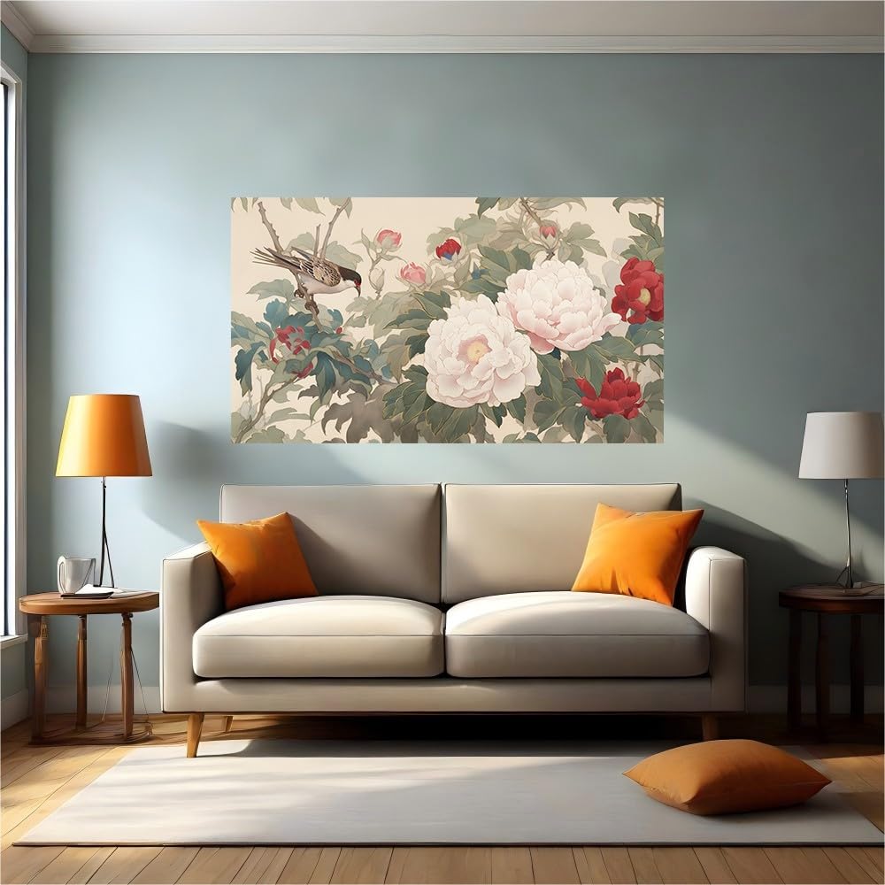 Vinilo de pared de pájaros y peonías autoadhesivo para decorar un salón acogedor de 100x70 cm