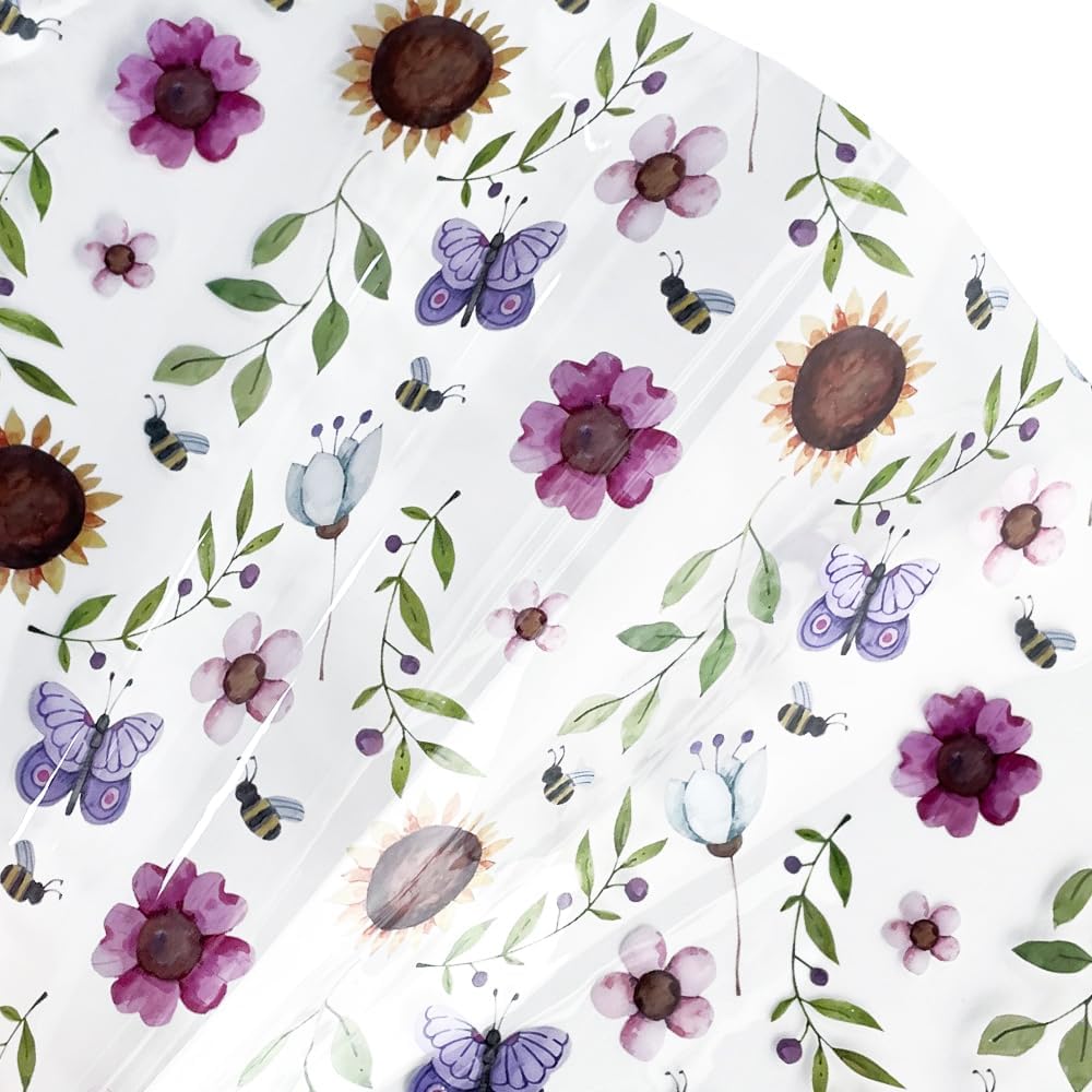 ONEART | 12"×54" Sunflower Series Transparent Vinyl Roll, Bees and Flowers Waterproof TPU Fabric for Handbags, Wallets, Quilting