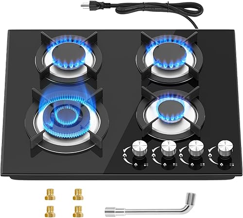 Miniatura 10 de Estufa de Gas de 5 Quemadores 76cm, Estufa de Cocina de Gas Integrada con Kit de Conversión NG/LPG, Quemador de Gas de Tapa de Vidrio (76cm x 52cm)