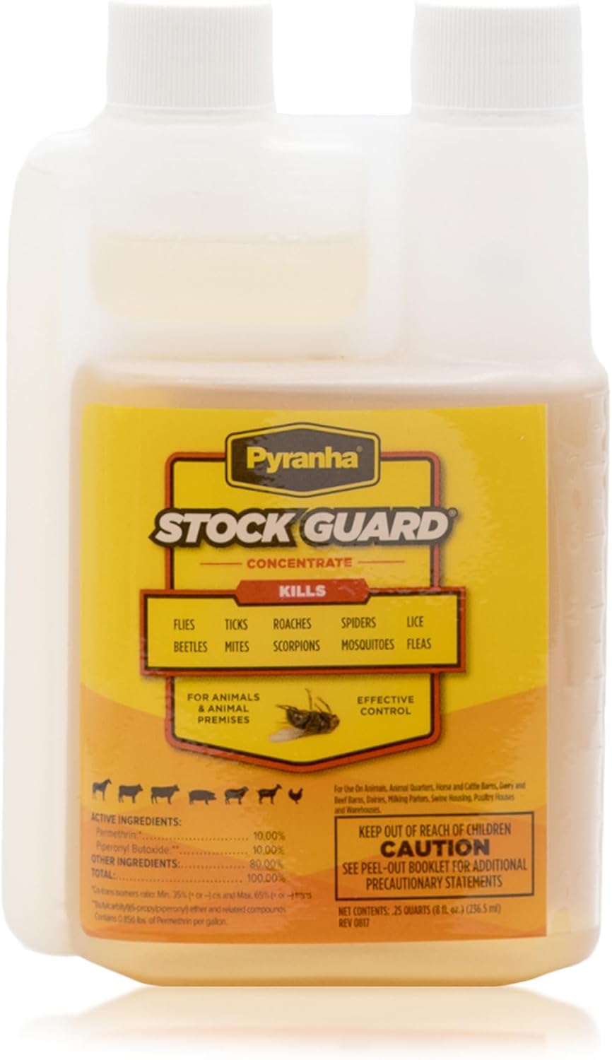 PYRANHA Stock Guard Concentrate – Livestock, Barn, Milk Rooms, Dairies, Poultry & Swine Houses Indoor Fly Control | Repels Flies, Lice, Ticks, Beetles, Mites, Gnats, 8 Oz