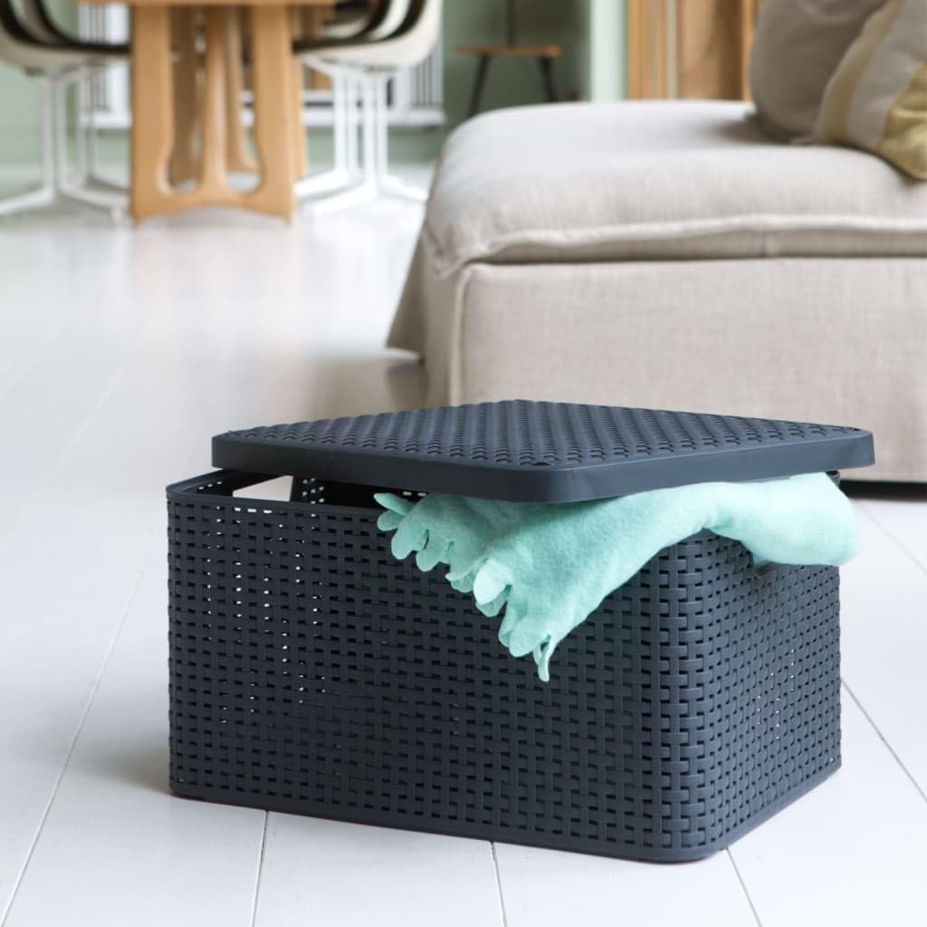 Curver CU Rattan Style Basket L+lid 03619, Grey, 44 x 33 x 24 cm