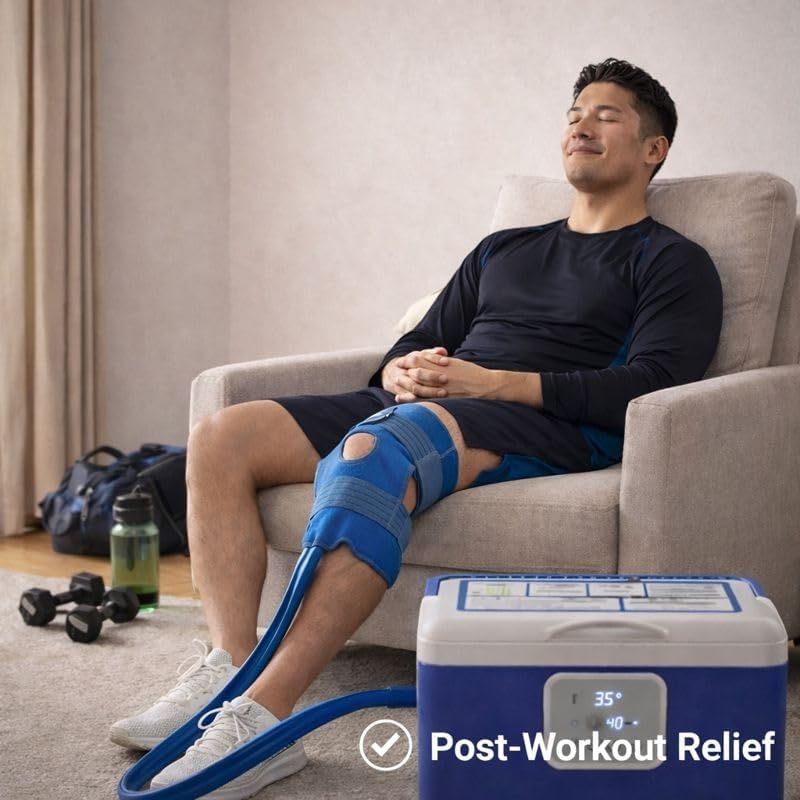 [cbl] programmable cold therapy machine, 13-quart ice water circulation system with quiet pump, timer & flow control, knee wrap included, post-surgery pain relief & sports injury recovery