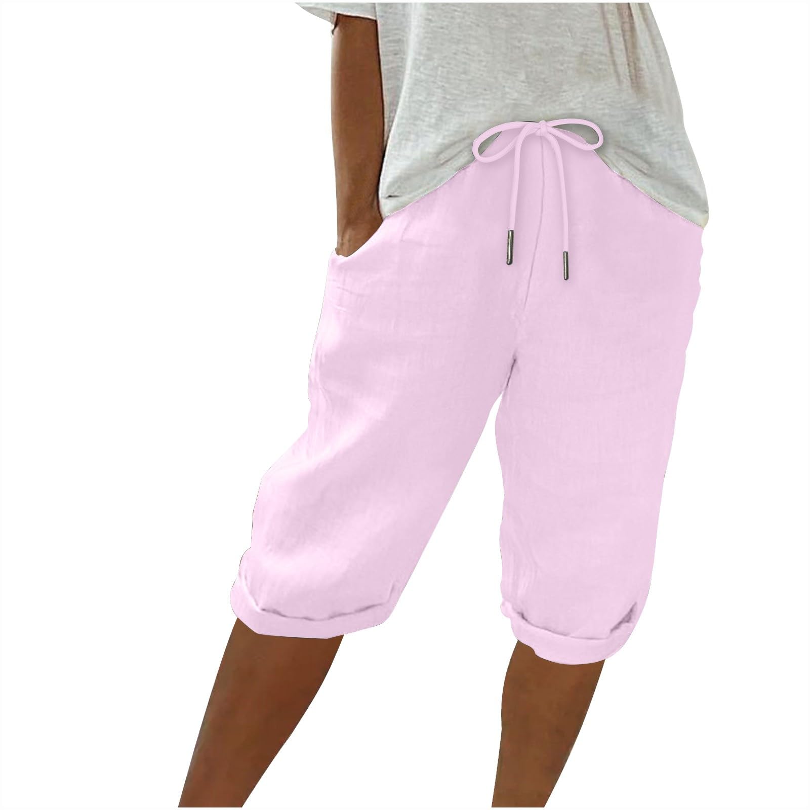 Keepink Linen Shorts for Women UK Elastic Waist Knee Length Summer Shorts Wide Leg Lounge Bermuda Bottom Athletic Short Jogger Bottoms Plus Size Sweat Pants S-3XL Clearance
