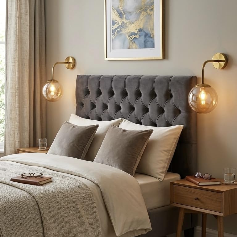 Image of Modern Gold Wall Lamp with Amber Glass Globe | Decorative Wall Light Fixture for Bedroom Living Room Hallway Drawing Room | Elegant Home Decor Wall Mounted Lamp | Without Bulb