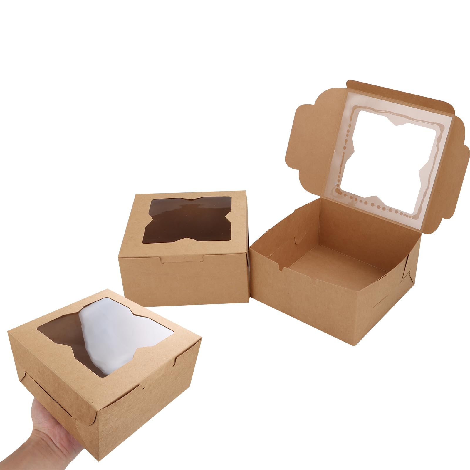 CYEER Set di 72 scatole per torte da 15,2 x 15,2 x 7,6 cm, scatole per cupcake per porzioni di torte, scatole in carta kraft marrone con finestra per porzioni di cupcake, biscotti e ciambelle