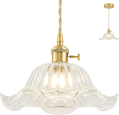Miniatura 20 de Lámparas colgantes vintage para isla de cocina, lámparas colgantes de latón ajustables con pantalla de vidrio de lirio ámbar, iluminación colgante