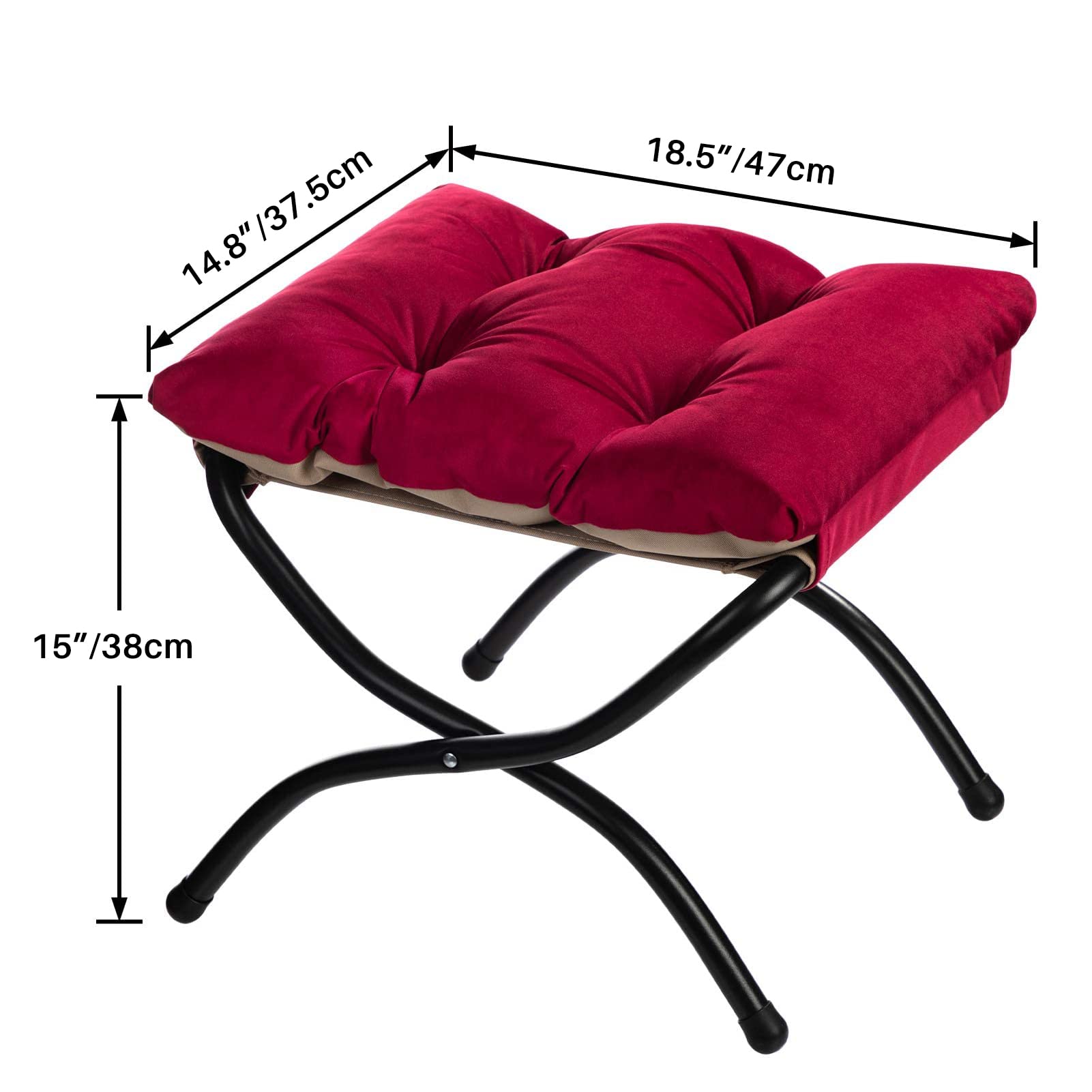 HollyHOME Poggiapiedi Pieghevole con Gambe in Metallo Piccolo Poggiapiedi Divano per Salotto Camera da Letto Balcone Giardino Velluto Ottomano Sedile Moderno, Rosso