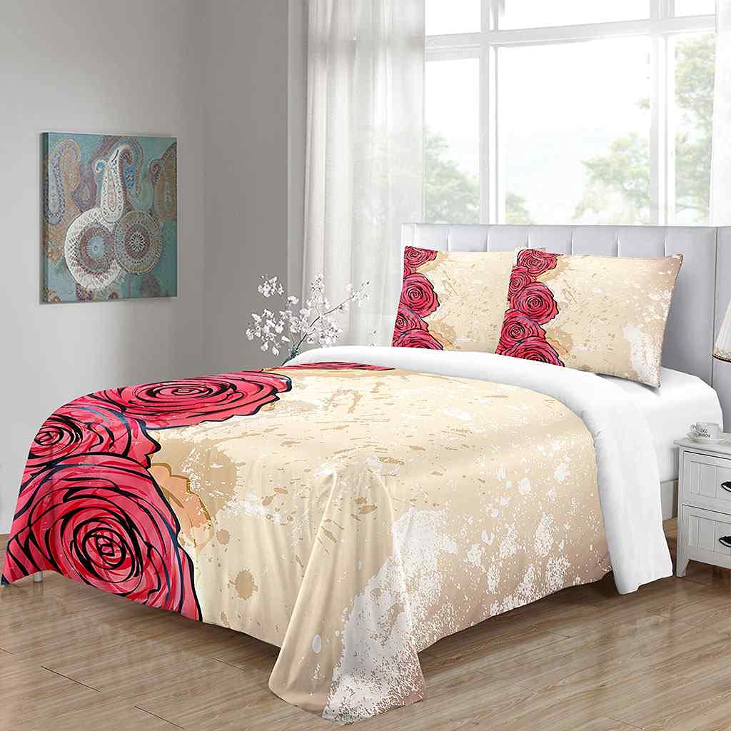 King Size 230 x 220 cm nadruk 3D czerwony wzór róży zestaw poszewek na kołdrę dla chłopców dziewcząt dorosłych zestaw pościeli z 2 poszewkami na poduszki łatwa pielęgnacja mikrofibra poszewka na kołdrę z zamkiem błyskawicznym