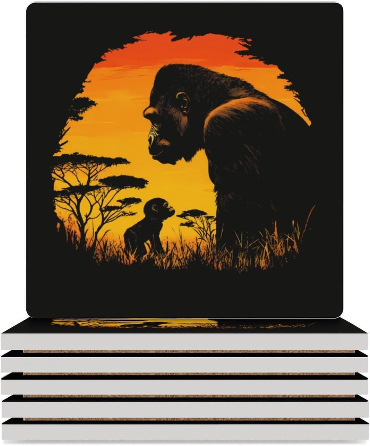 Gorilla and Sunset Funny Ceramic Coasters for Drink Absorbent Cup Holders Tabletop Protection