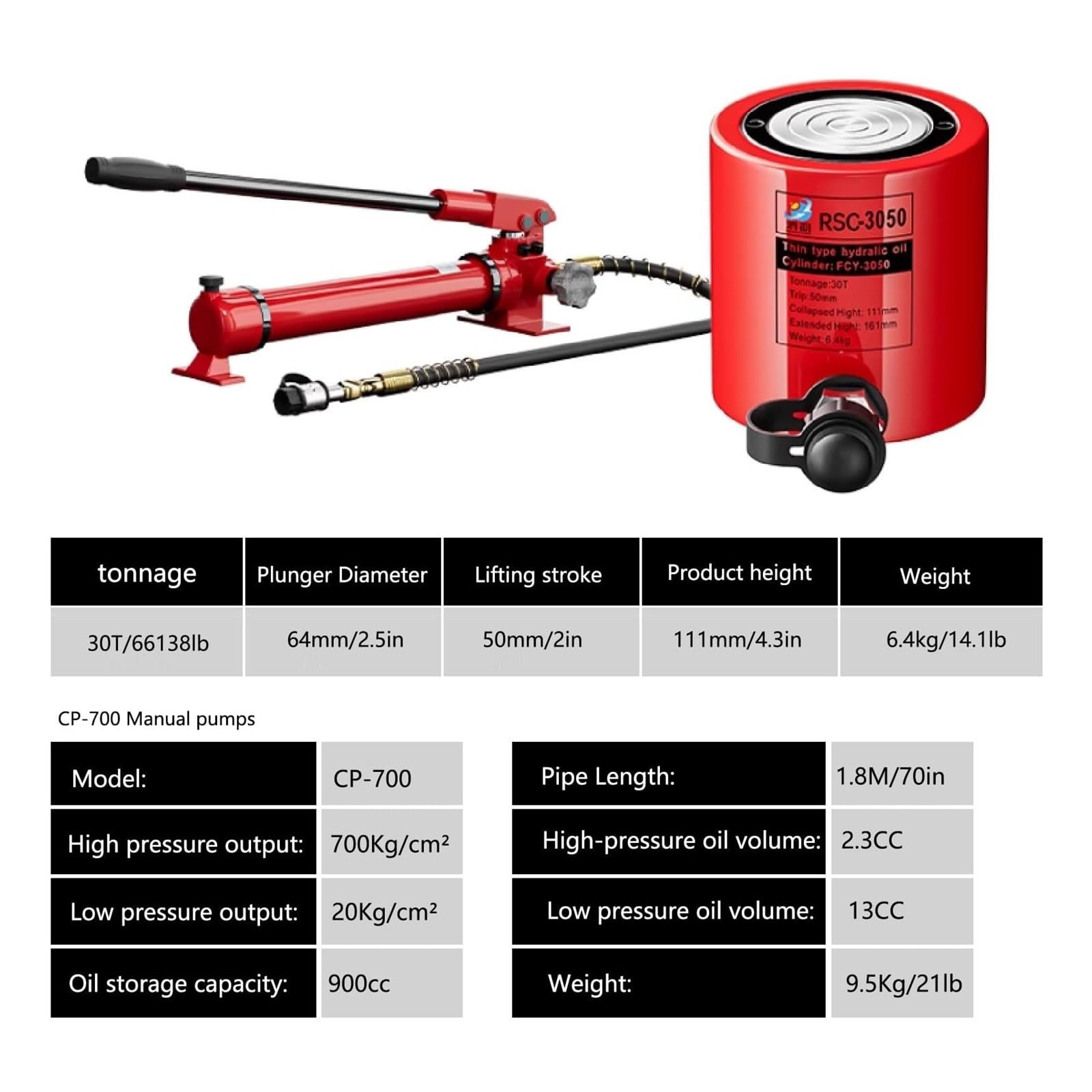 Podnośnik cylindra hydraulicznego o pojemności, ręczna pompa hydrauliczna z CP-700, siłownik podnoszący z automatycznym zwijaniem (skok 30T/29,999.7 kg-5.1 cm)