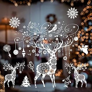 Uoging Christmas Window Sticker White Christmas Reindeer Snowflake Xmas Tree Static PVC Stickers Removable DIY Wall Decal Mural Stickers for Home Party New Year Supplies