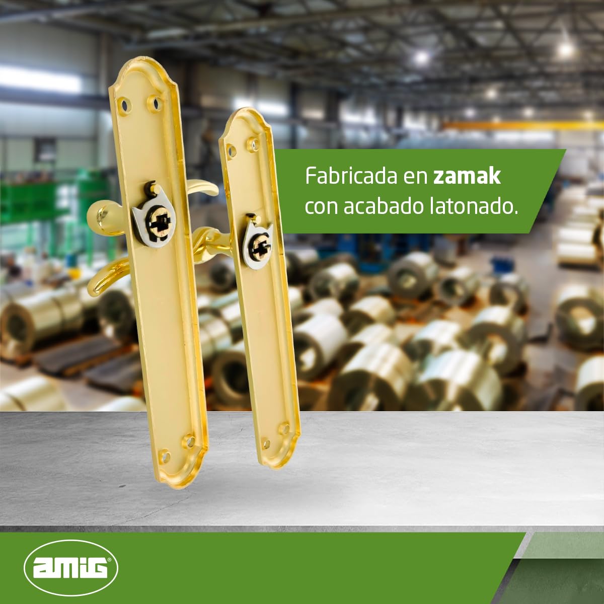 Amig - Juego de Manillas con PLaca - 248 x 44 mm - Fabricado en Zamak - Acabado Dorado - Incluye Tornillos Pasantes Antirrobo y Accesorios de Fijación - Para Puertas de interior